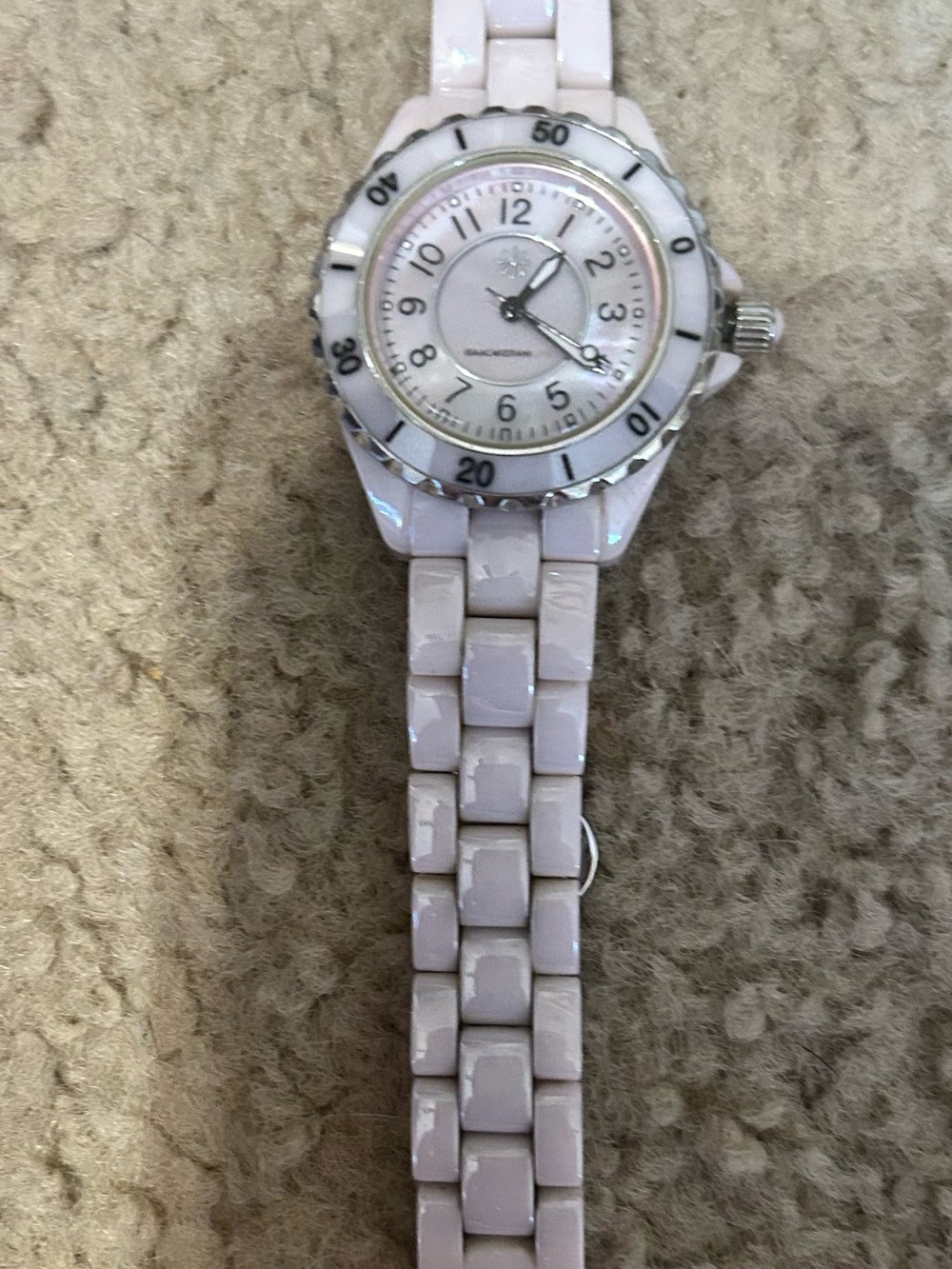 Isaac Mizrahi Pale Pink Ceramic Link Watch with Silver Accents